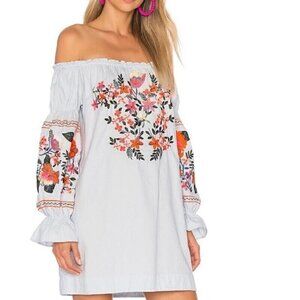 NWT Free People Fleur Du Jour Light Blue Embroidered OTS Mini Dress Women's XS
